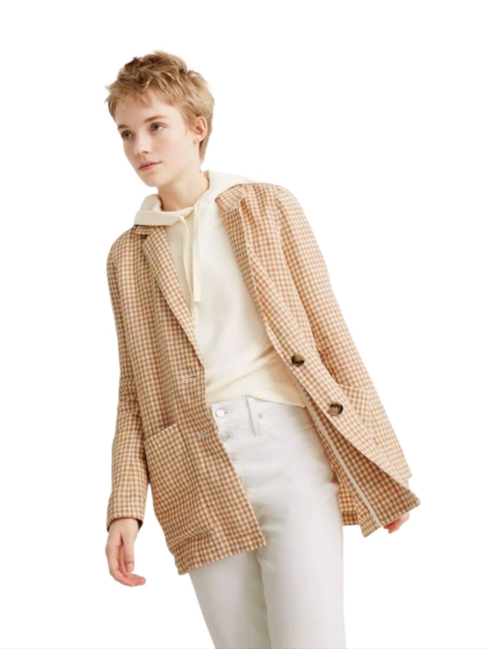 Madewell Linen Dorset Slouchy Blazer Jacket in Brown Cream checkered Gingham